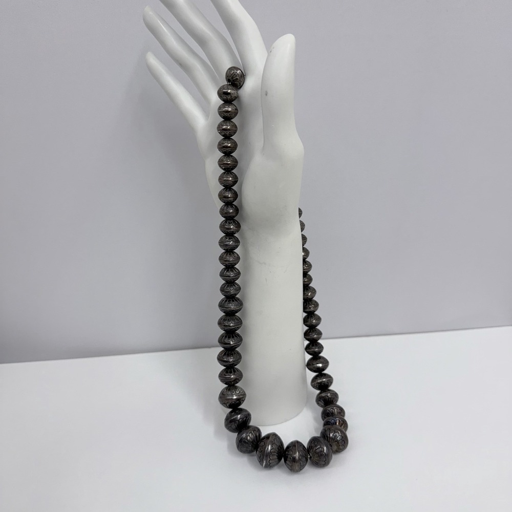 Vintage Navajo Sterling Graduated Pearl Necklace Dark Old Pawn Patina 135 Grams